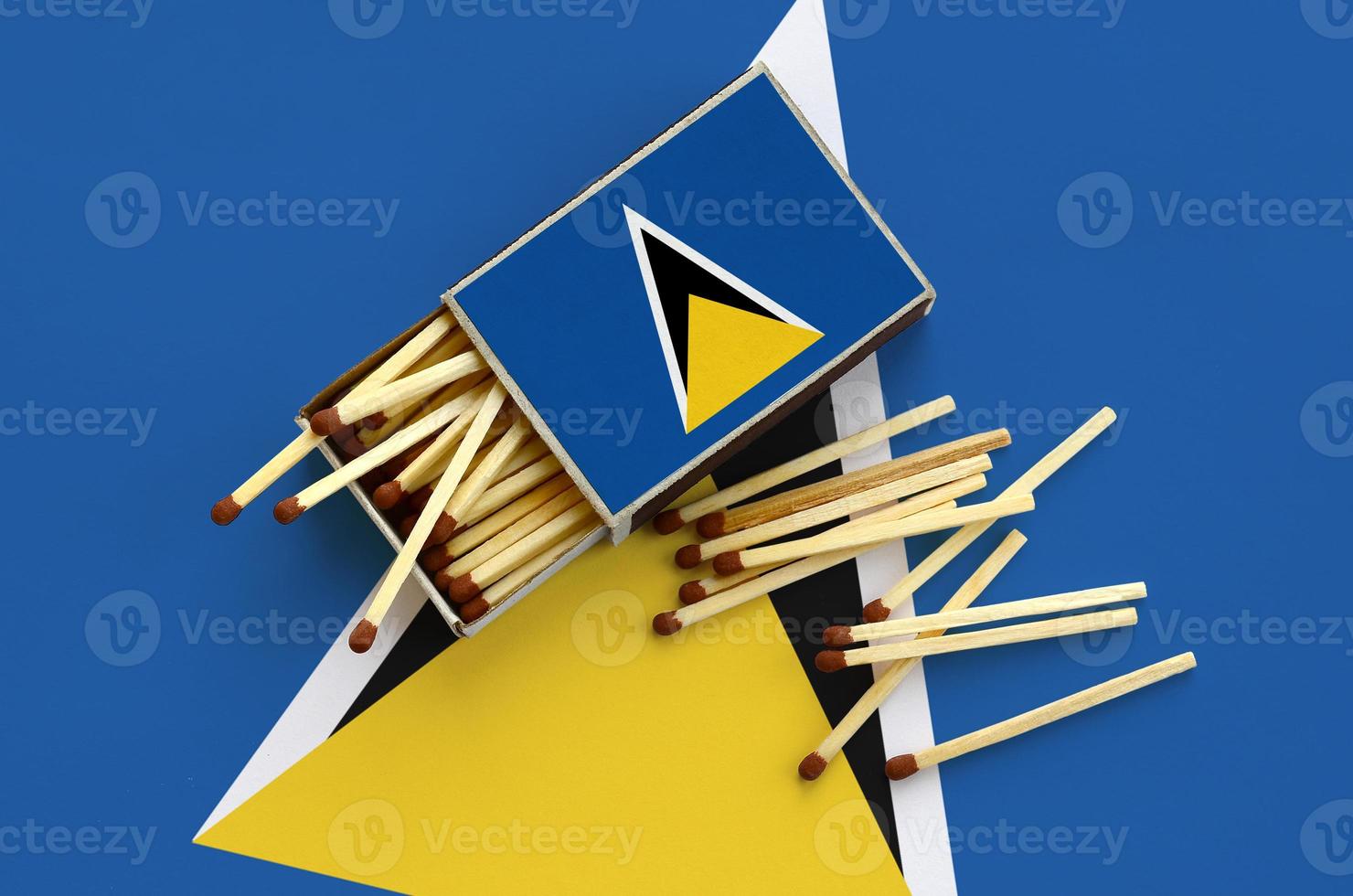 Saint Lucia flag  is shown on an open matchbox, from which several matches fall and lies on a large flag photo