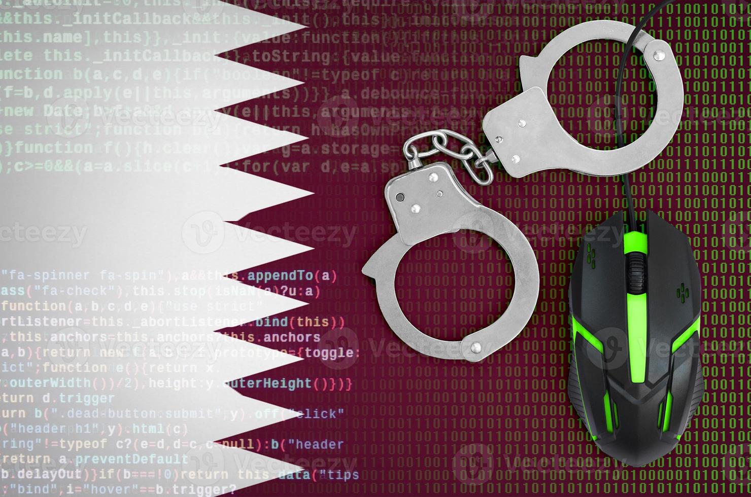 Qatar flag  and handcuffed computer mouse. Combating computer crime, hackers and piracy photo