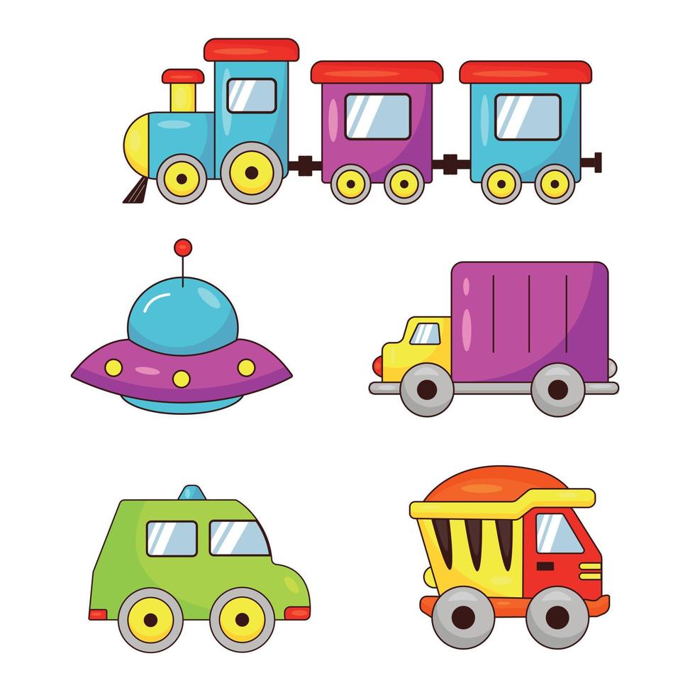 un juego de transporte de juguetes para niños. coches, tren de vapor, platillo volador vector