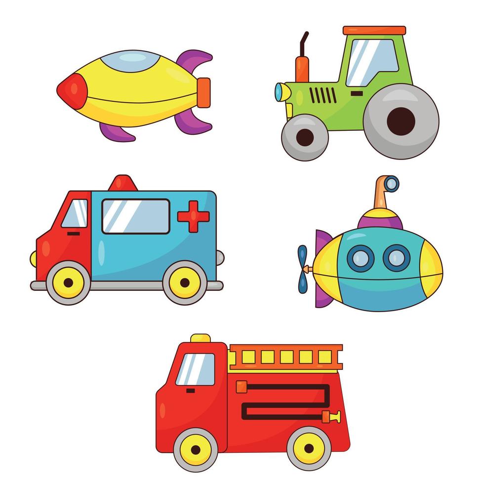 un juego de transporte de juguetes para niños. coches, tractor, submarino, camión de bomberos vector