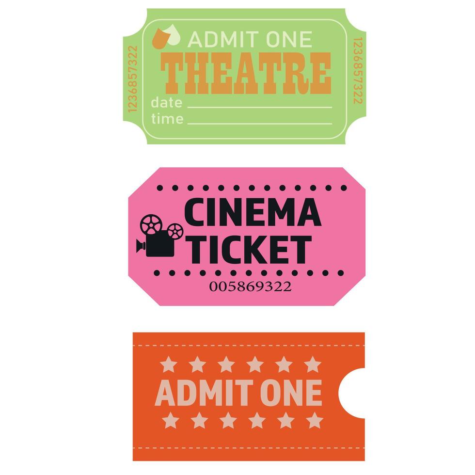 juego de entradas para admitir uno, al cine, al teatro en verde, rojo, rosa. vector