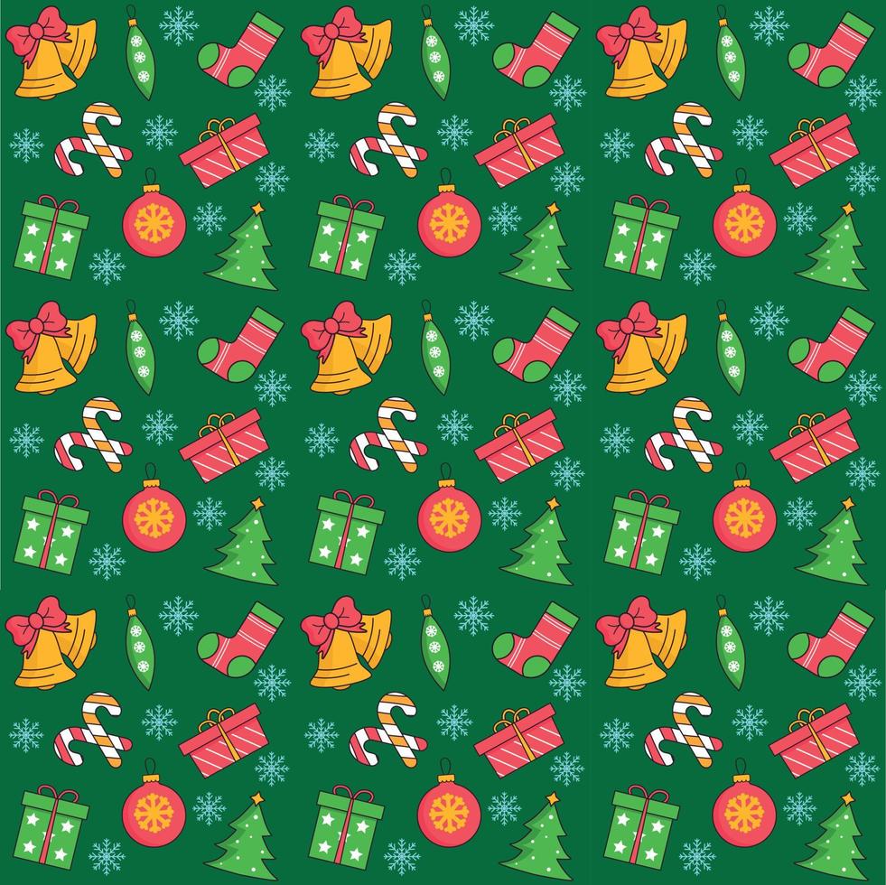 The Christmas pattern is seamless on a green background. Bell, gift, toy, Christmas tree. vector