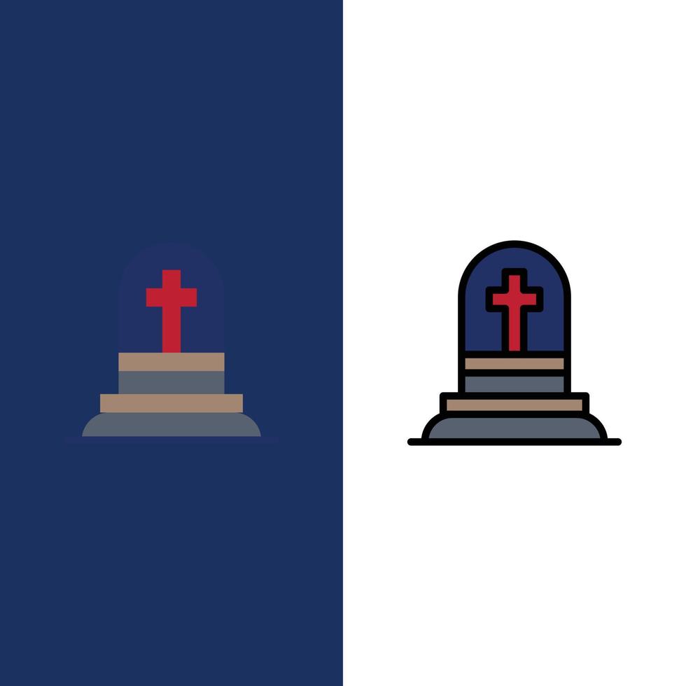 muerte tumba lápida rip iconos planos y llenos de línea conjunto de iconos vector fondo azul