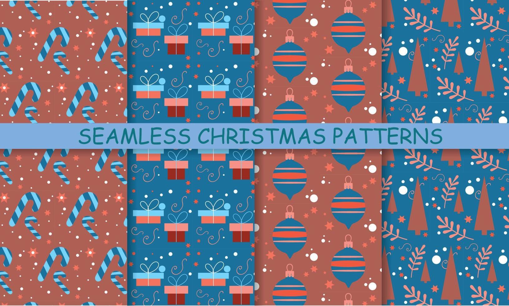 Seamless Christmas patterns. Candy Christmas, present, Christmas toy, Christmas tree. vector