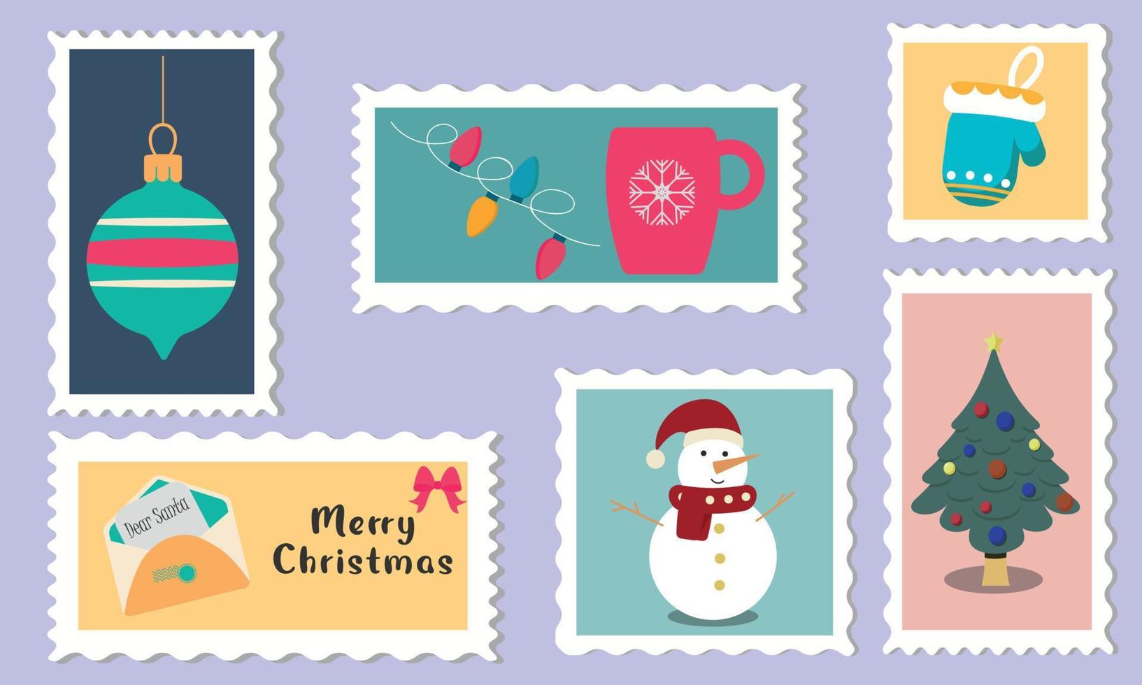 Christmas stamp collection. Toy, snowman, Christmas tree. vector