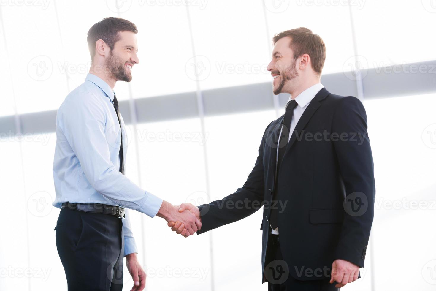 Sealing a deal. Two cheerful business men shaking hands and smiling while standing indoors photo