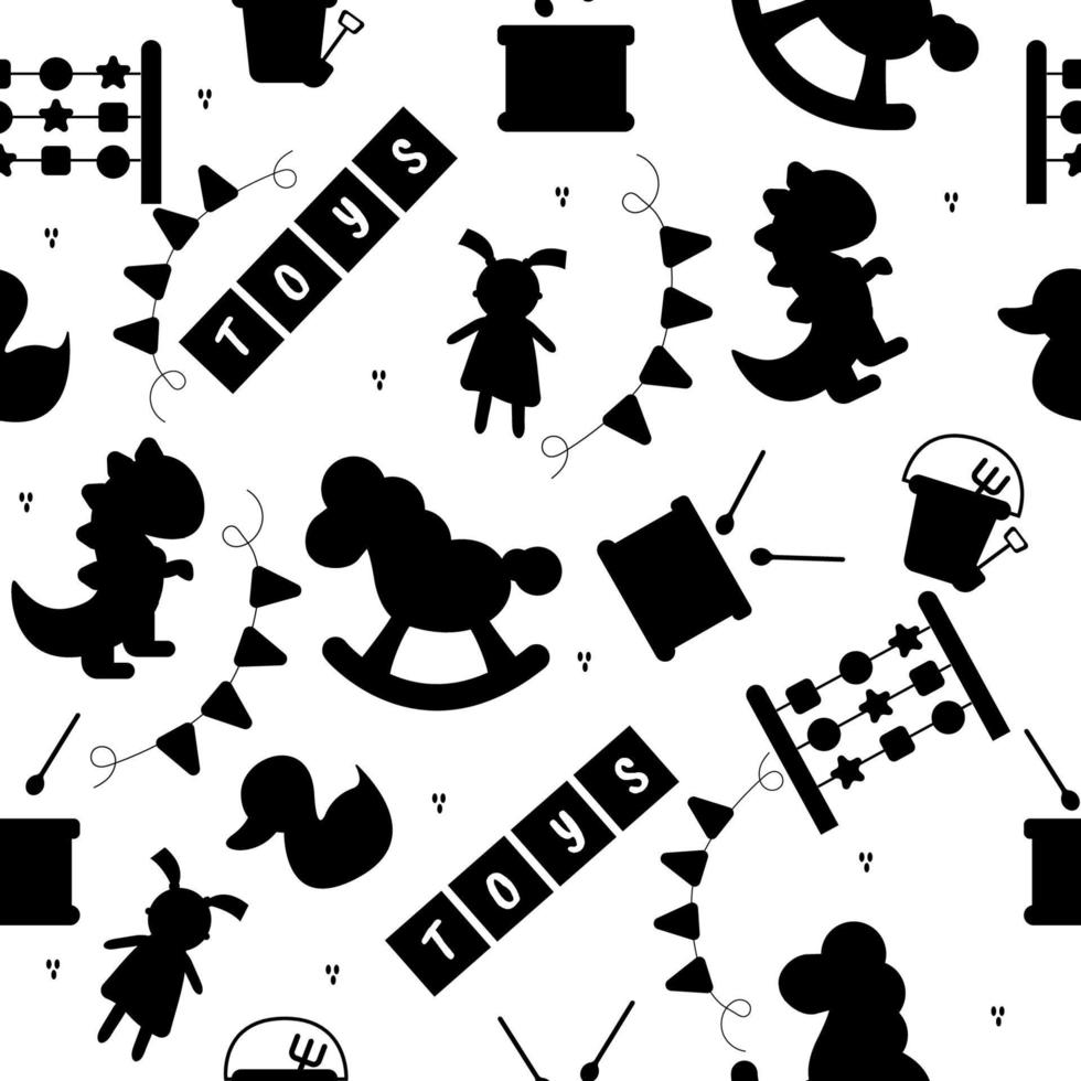 Pattern of children toys silhouette color. Vector doll, pony, drum