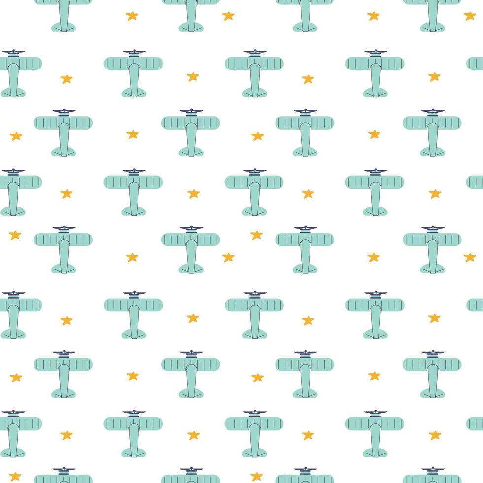 Children's toy aeroplane and stars pattern. Vector