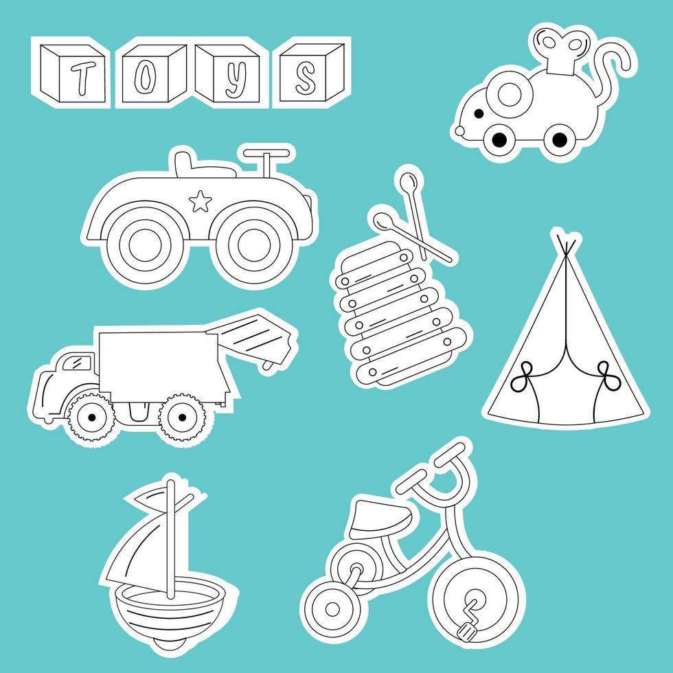 un conjunto de pegatinas para el contorno de los juguetes de los niños. coche, barco, ratón, bicicleta, instrumento musical vector