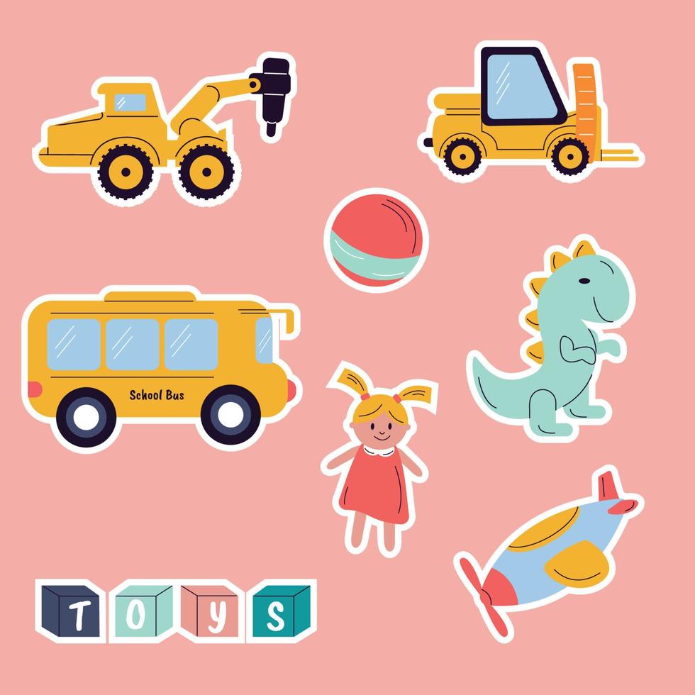 un juego de pegatinas para juguetes infantiles. pelota, autobús, coche, muñeca, dinosaurio vector