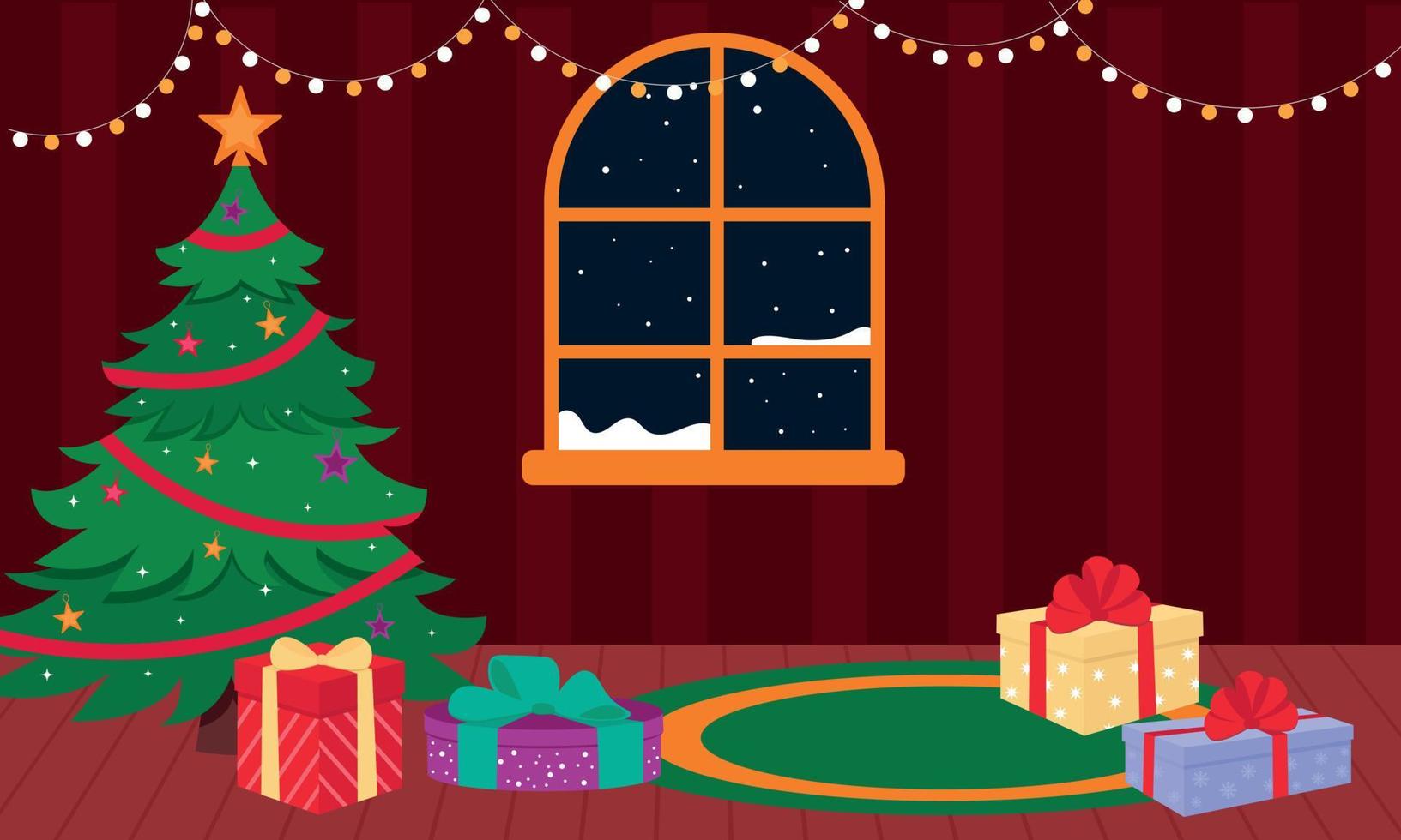 Christmas tree with gifts in a room with a dark window. Vector illustration