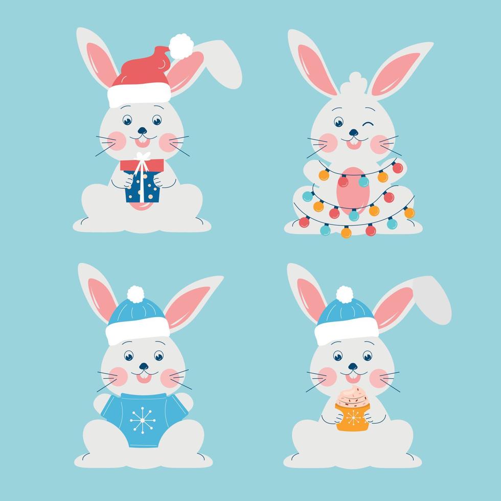 A set of Christmas bunnies. New Year. Vector illustration