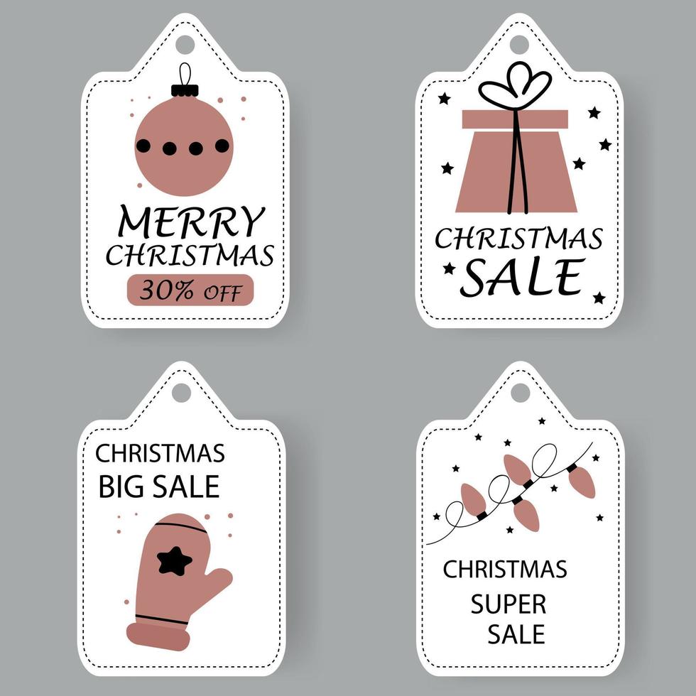 Christmas tag sale. Gift, light bulbs, mittens. vector