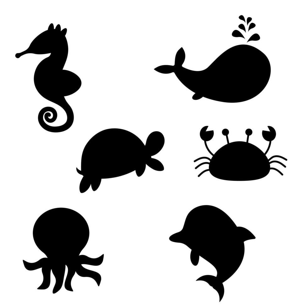Sea animals in silhouette style. Vector illustration