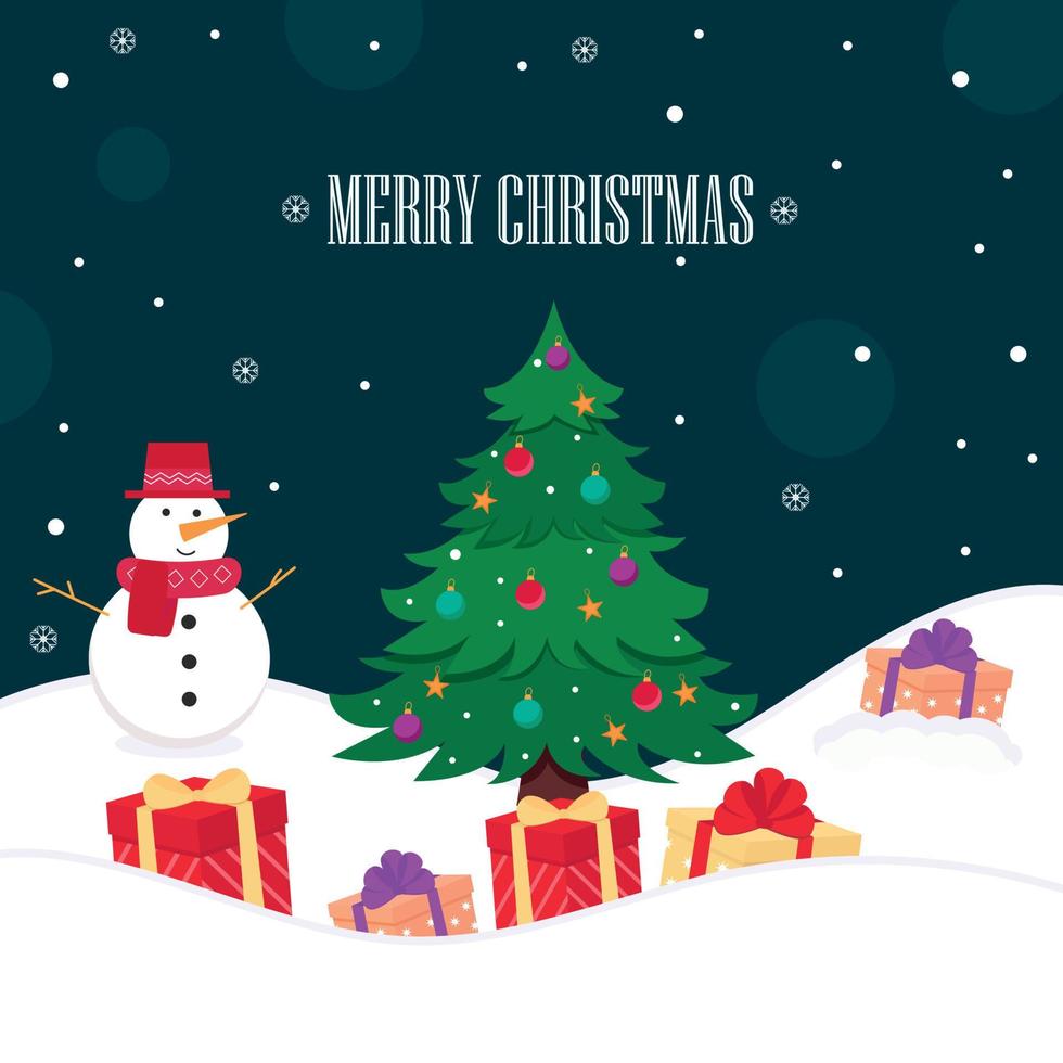 Christmas tree with gifts and a snowman in the snow. Vector illustration