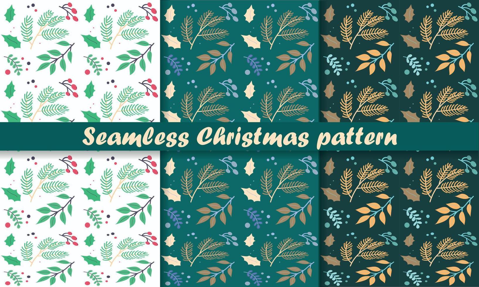 Seamless Christmas pattern of leaves, rowan tree, Christmas tree branch. vector