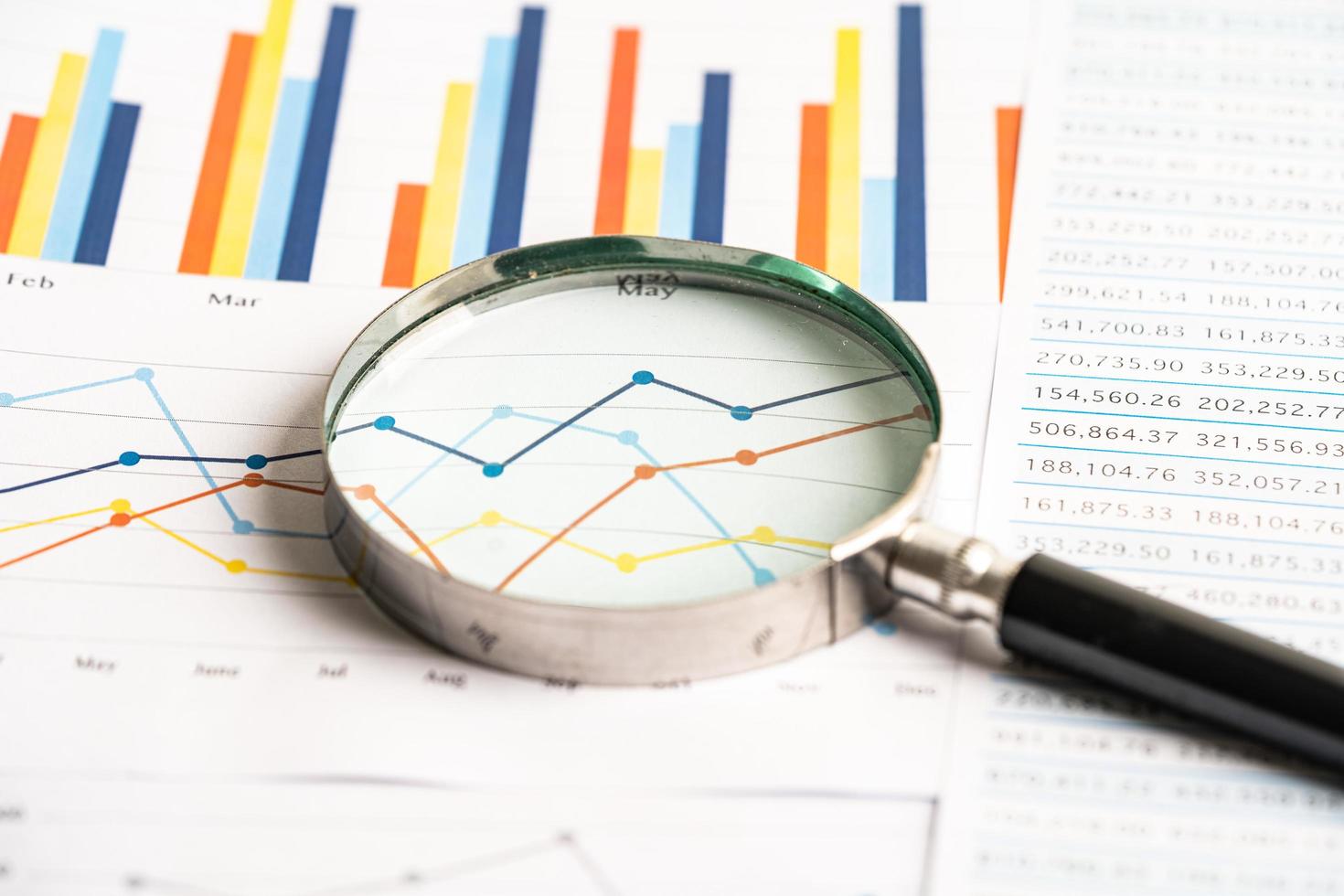 Magnifying glass on chart graph spreadsheet paper. Financial development, Banking Account, Statistics, economy, Stock exchange trading, Business office company meeting concept. photo
