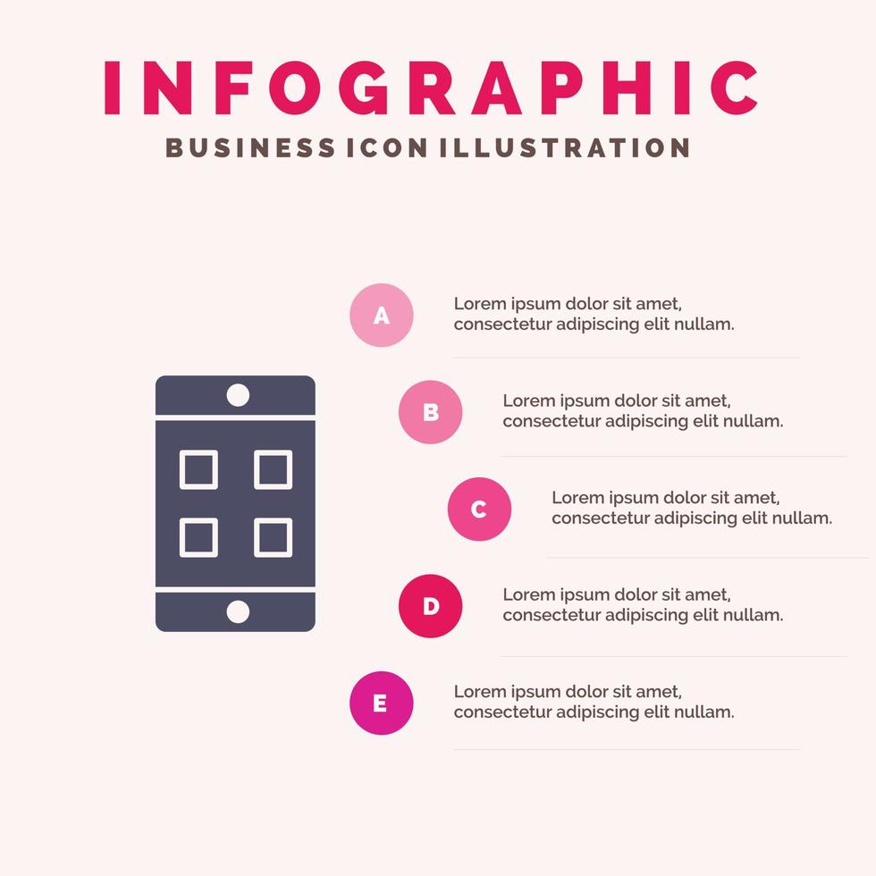 fondo de presentación de 5 pasos de infografía de icono sólido de caja de celda móvil vector