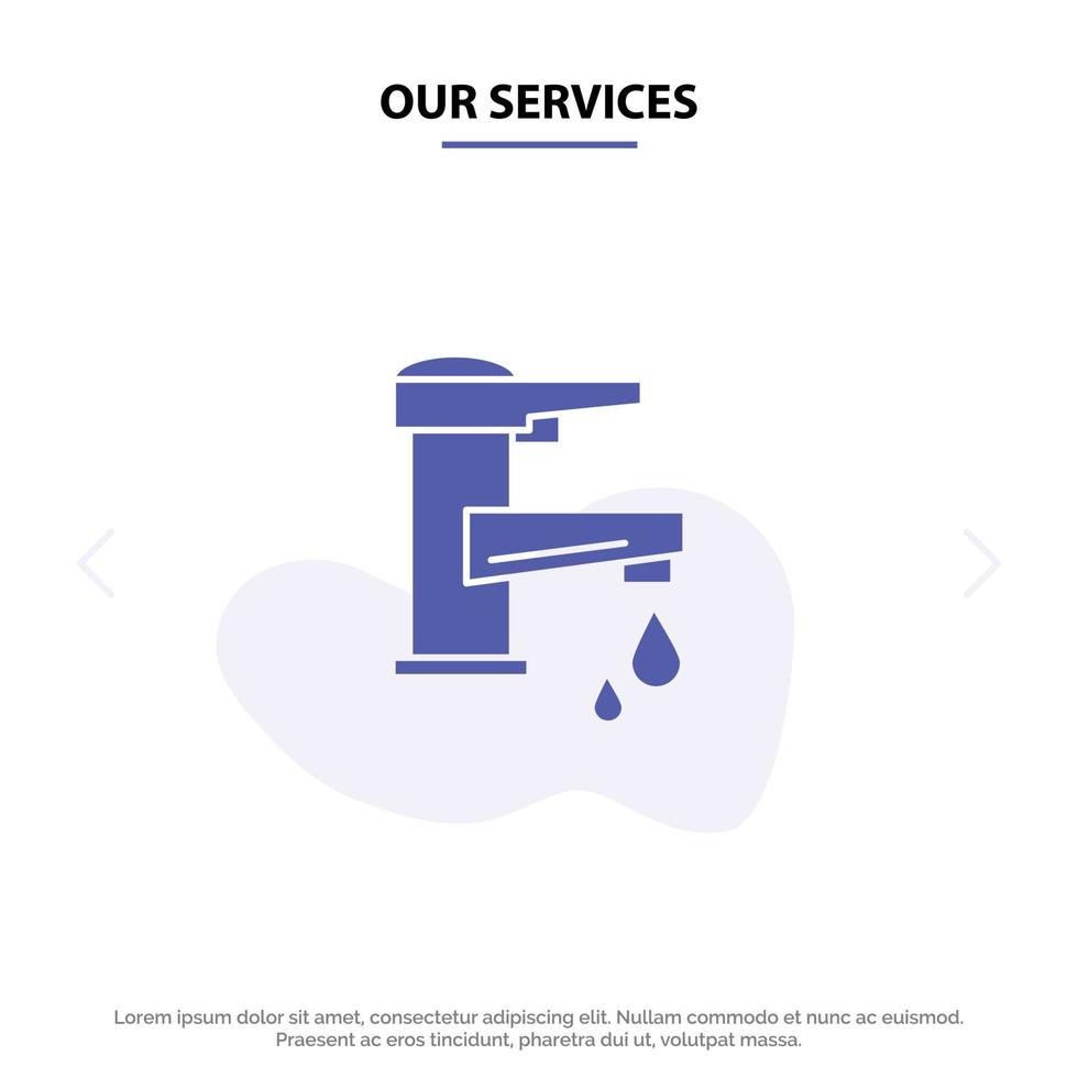 nuestros servicios agua del grifo grifo de mano gota de agua icono de glifo sólido plantilla de tarjeta web vector