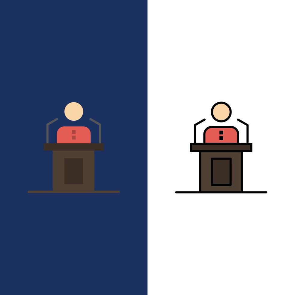 Speaker Person Presentation Professional Public Seminar Speech  Icons Flat and Line Filled Icon Set vector