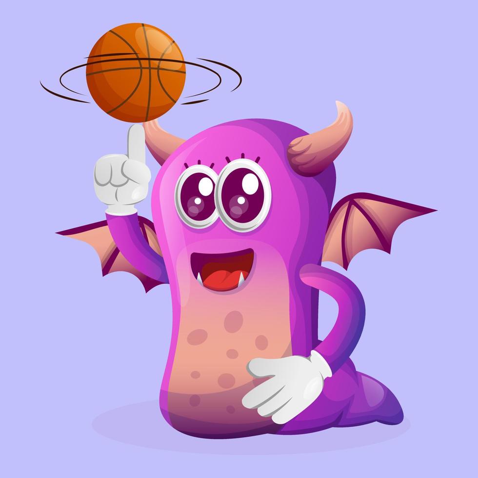 Cute purple monster playing basketball, freestyle with ball vector