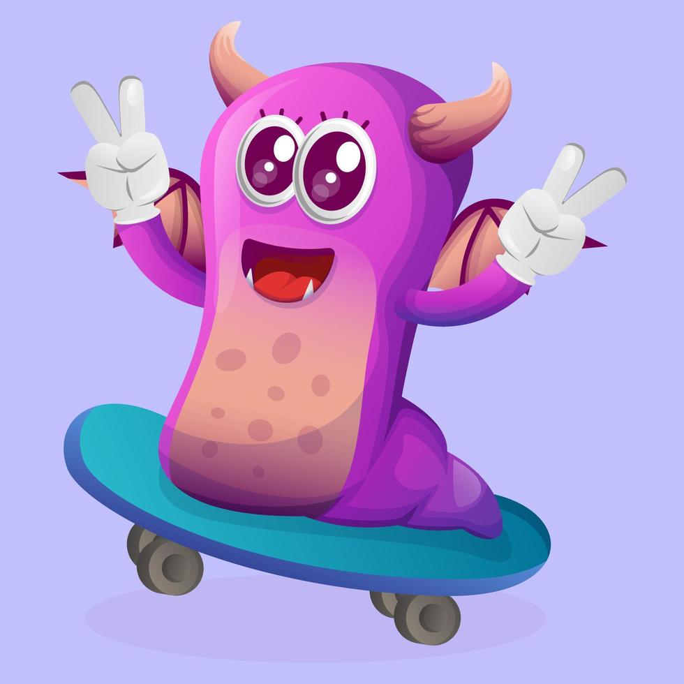 Cute purple monster playing skateboard, skateboarding vector
