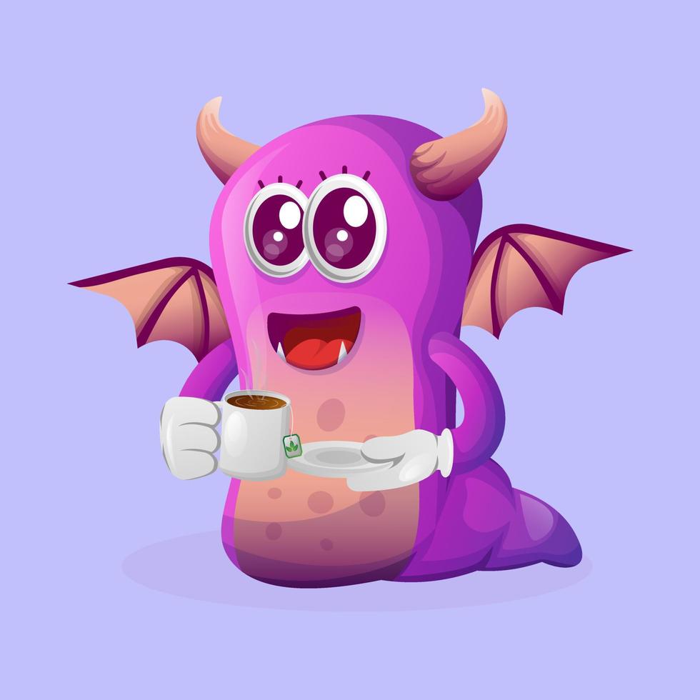 Cute purple monster drinking tea, tea time vector