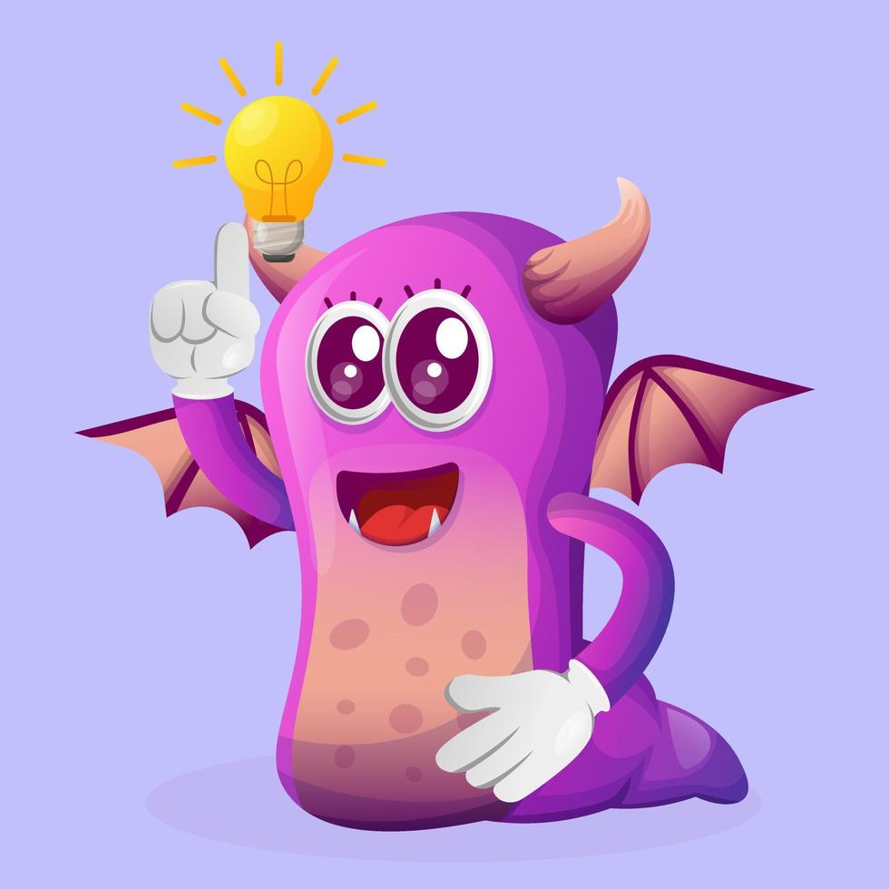 Cute purple monster got an idea, bulb idea, inspiration vector