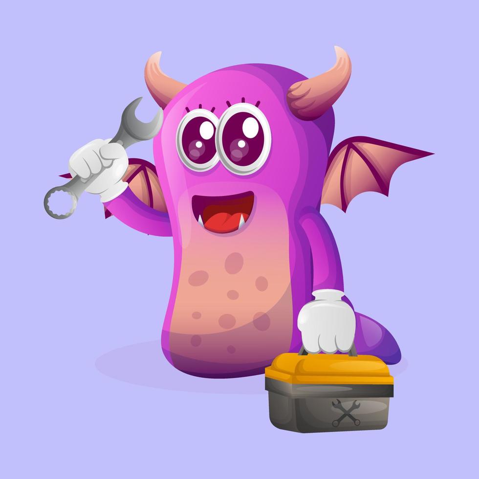 Cute purple monster holding spanner and tolls box vector