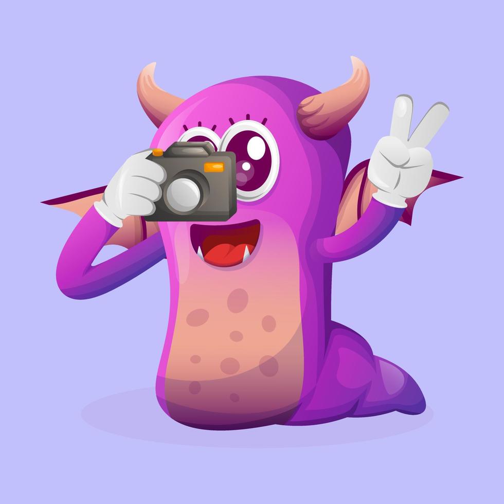 lindo monstruo morado tomando fotos con cámara vector