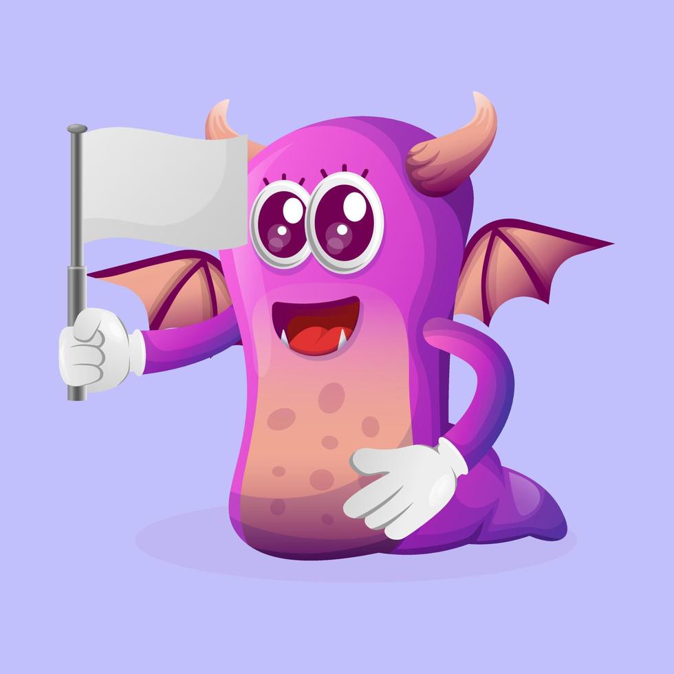 Cute purple monster waving white empty flag vector