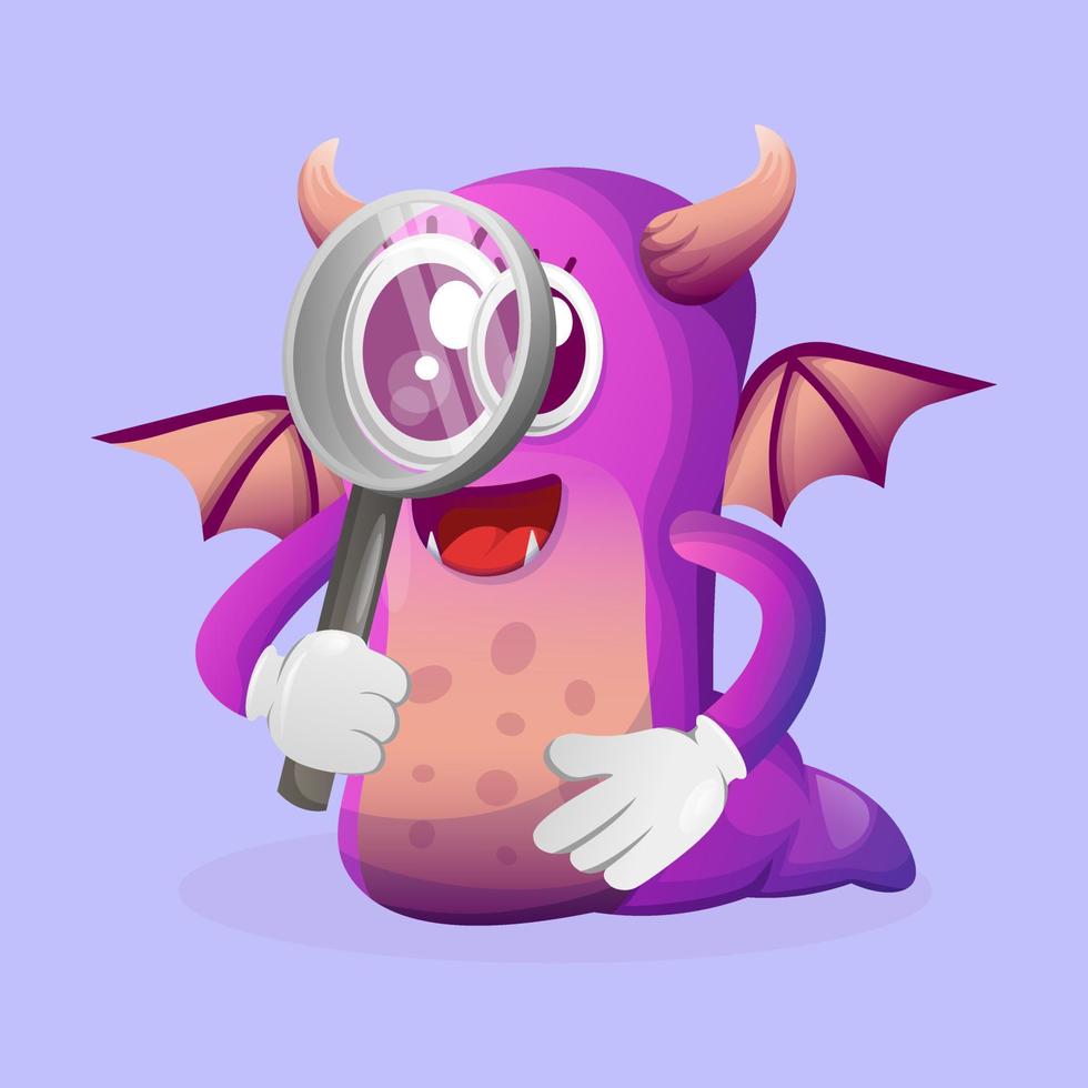 Cute purple monster conducting research, holding a magnifying glass vector