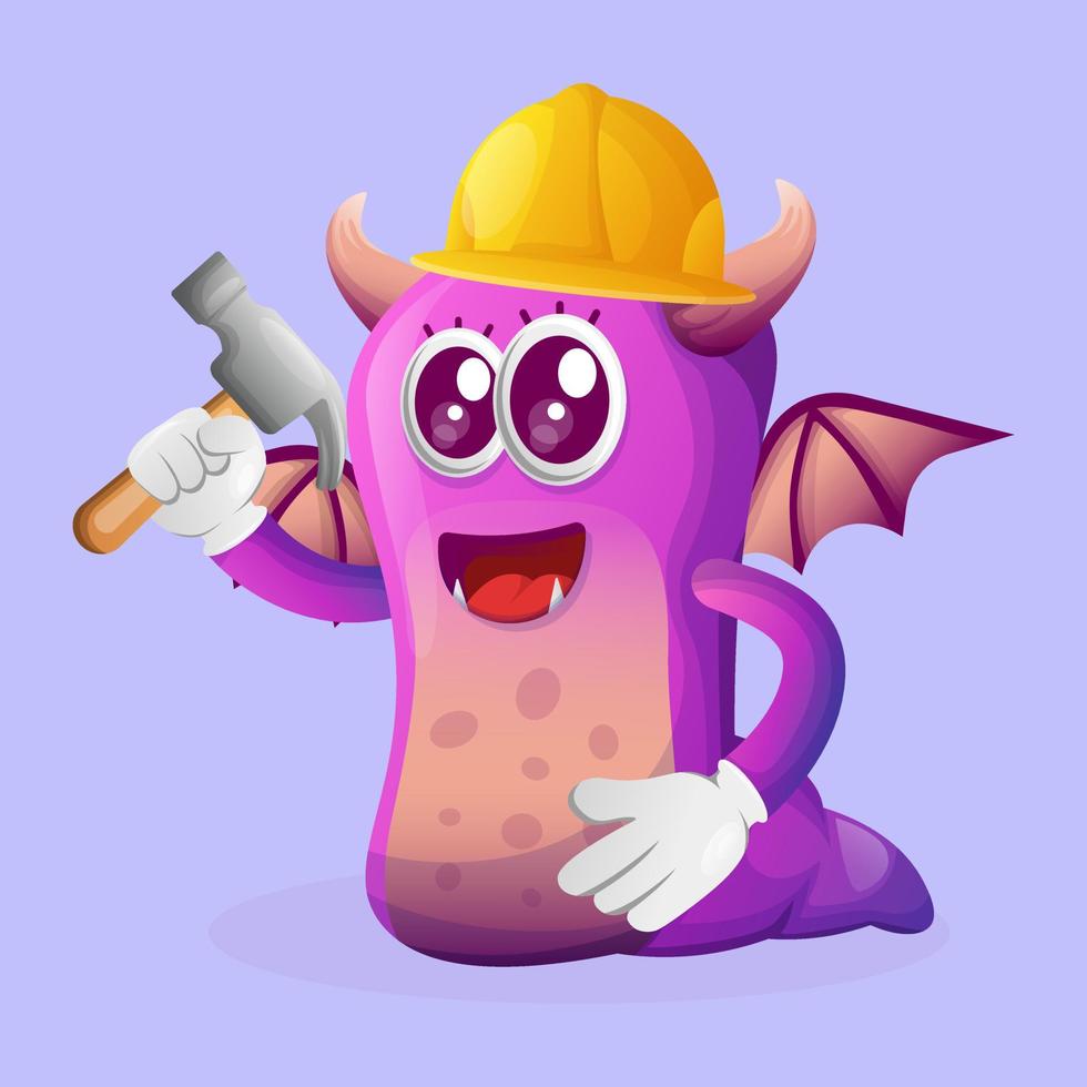 lindo constructor de monstruos morados con martillo vector