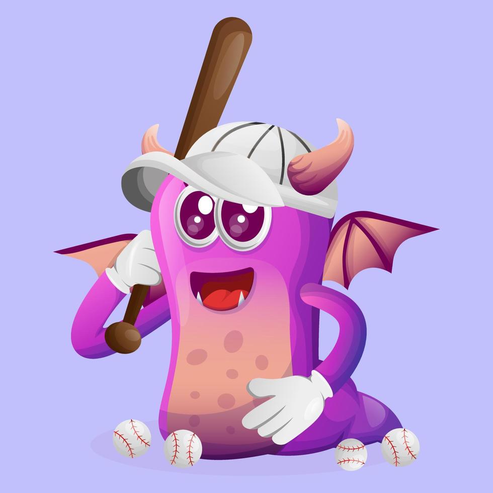 Cute purple monster playing baseball vector