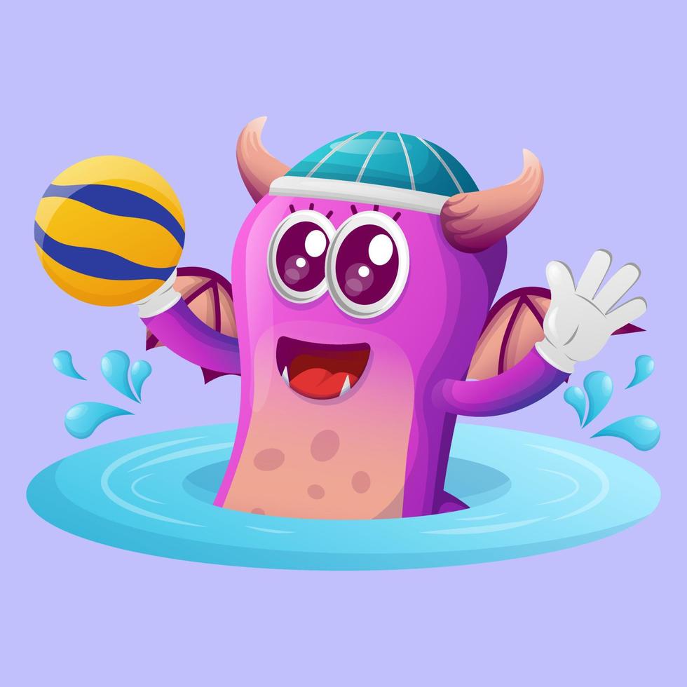 Cute purple monster playing waterpolo vector