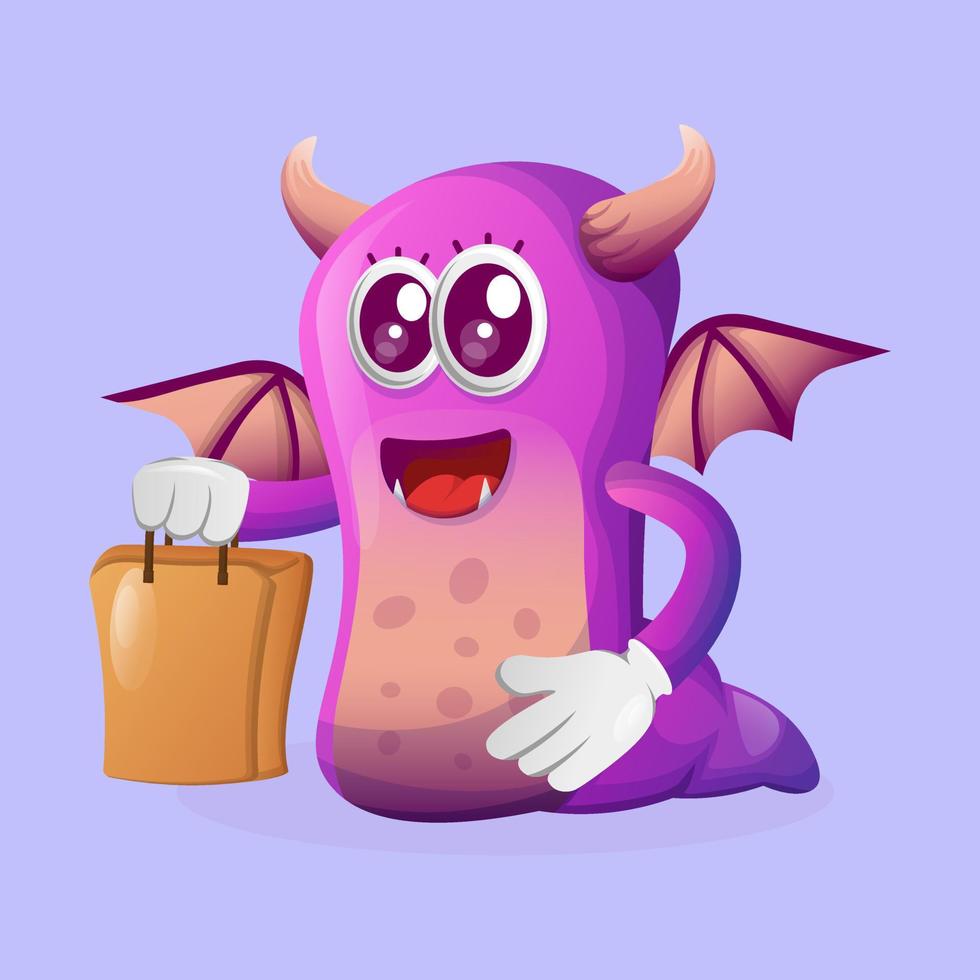 Cute purple monster happy shopping vector