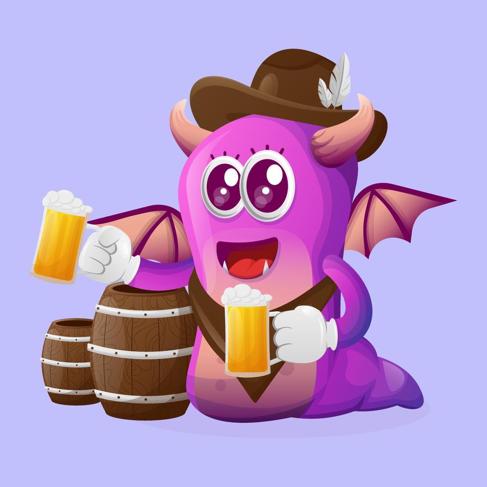 lindo monstruo morado celebra el oktoberfest con cerveza vector