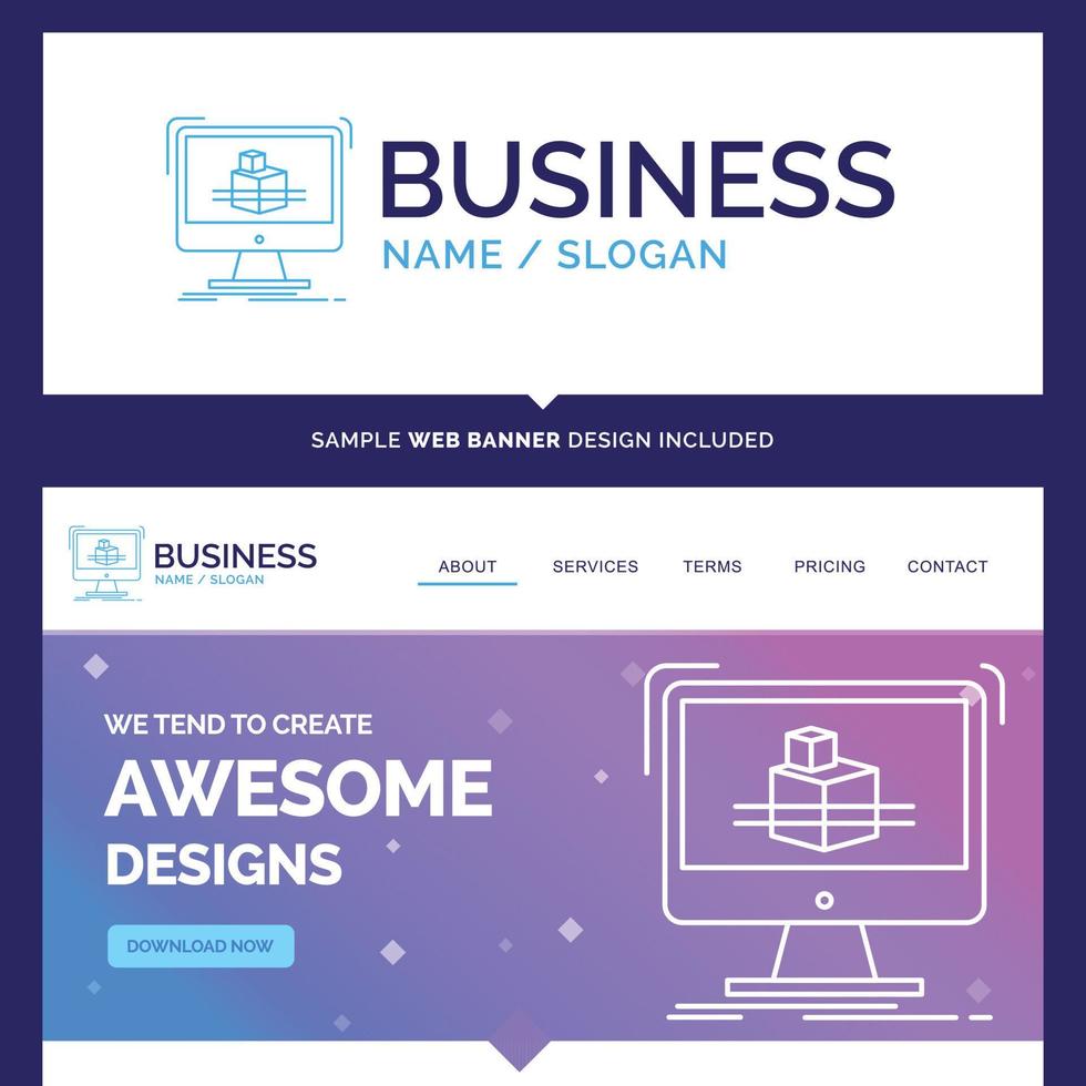 Beautiful Business Concept Brand Name 3d. cube. dimensional. modelling. sketch Logo Design and Pink and Blue background Website Header Design template. Place for Slogan .Tagline vector