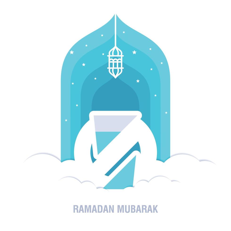Ramadan Kareem islamic design crescent moon and mosque dome silhouette with arabic pattern and calli vector