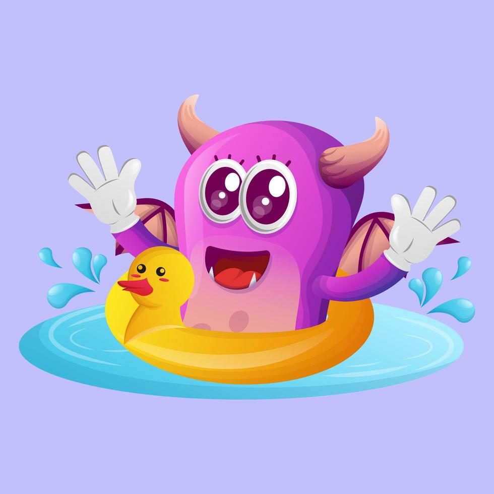 Cute purple monster swimming wearing rubber duck tube vector