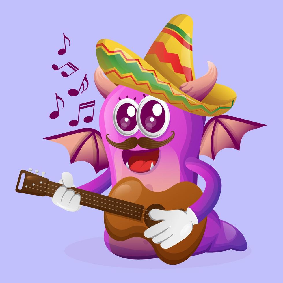 Cute purple monster wearing mexican hat with playing guitar vector