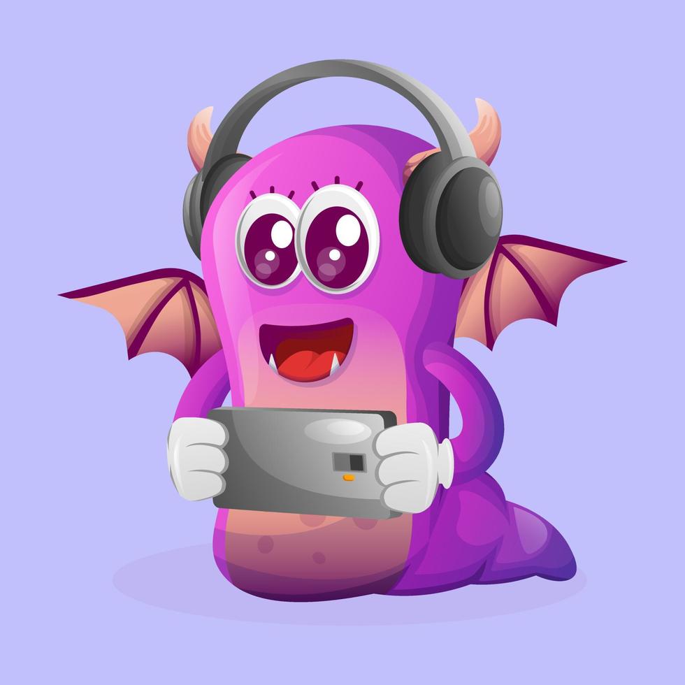 Cute purple monster playing game mobile, wearing headphones vector
