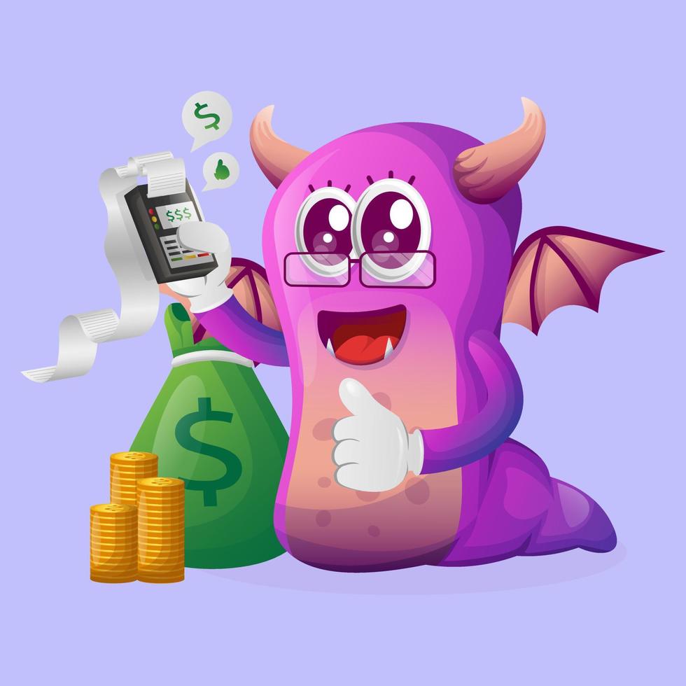 Cute purple monster make a payment vector