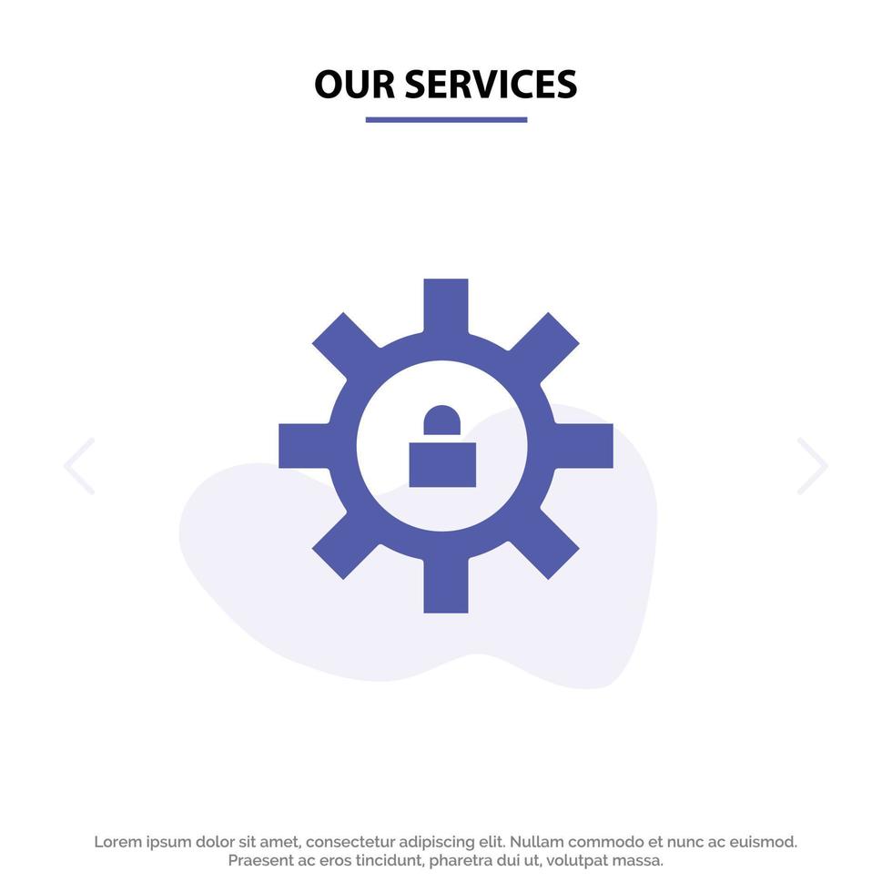 Our Services Gear Setting Lock Support Solid Glyph Icon Web card Template vector