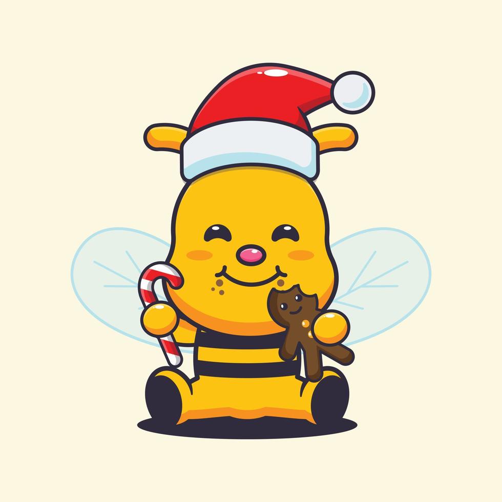 Cute bee eating christmas cookies and candy. Cute christmas cartoon illustration. vector