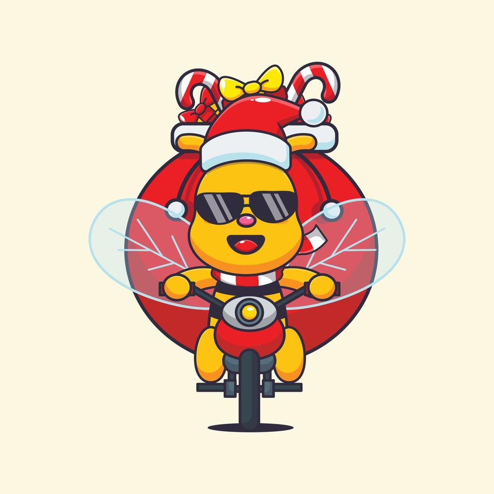 linda abeja llevando regalo de navidad con motocicleta. linda ilustración de dibujos animados de navidad. vector