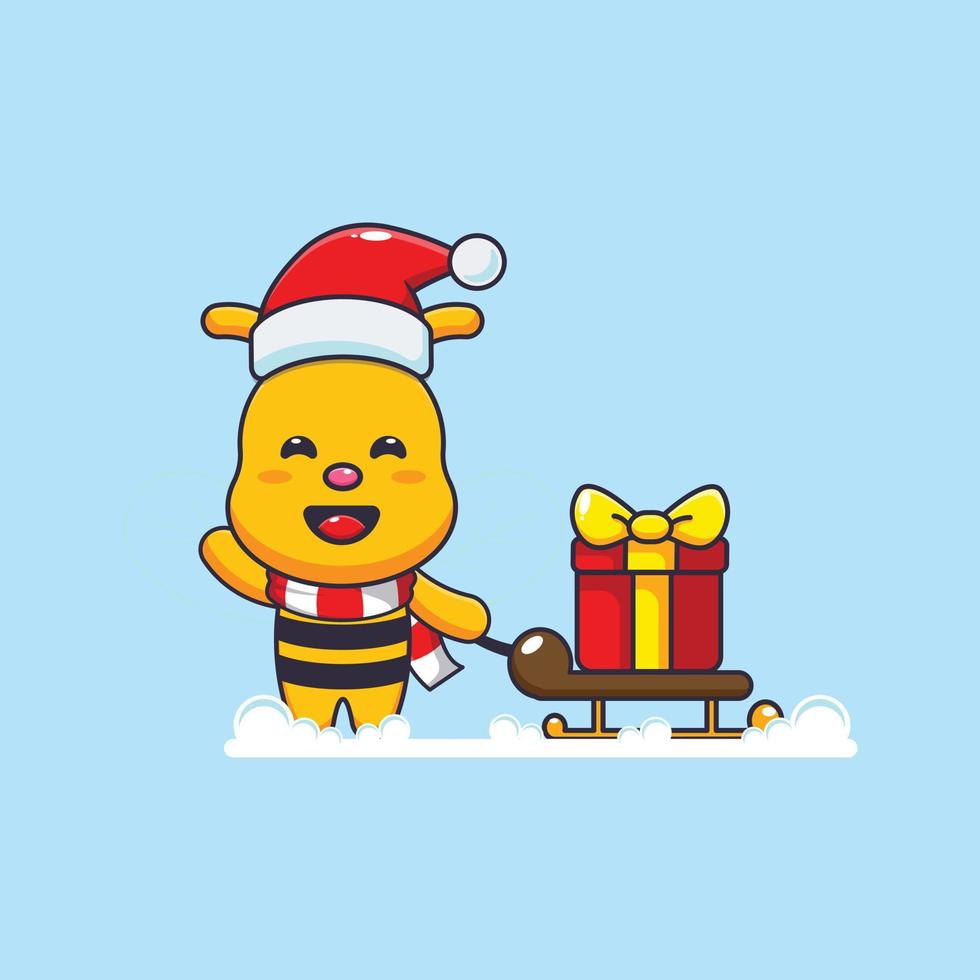 Cute bee carrying christmas gift box. Cute christmas cartoon illustration. vector