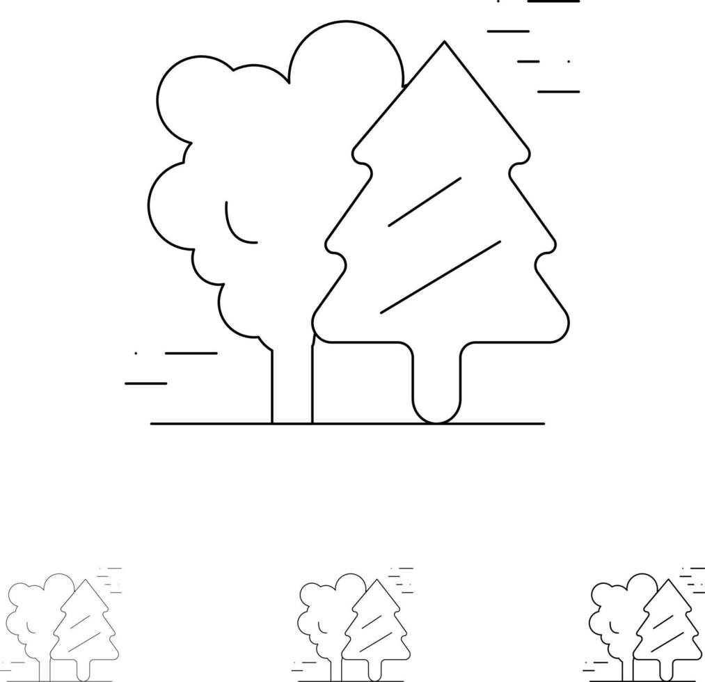 Alpine Arctic Canada Pine Trees Scandinavia Bold and thin black line icon set vector