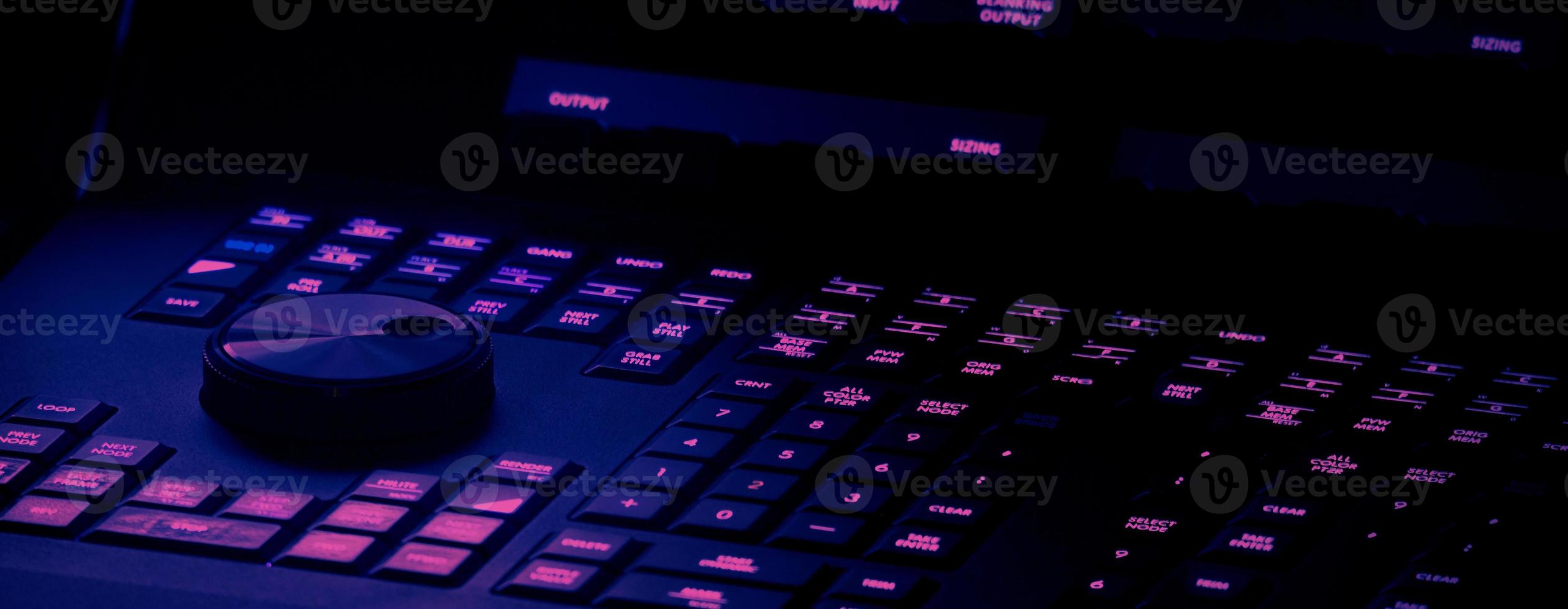 Edit video production control panel in studio. Editor editing and grade film in movie post room. photo
