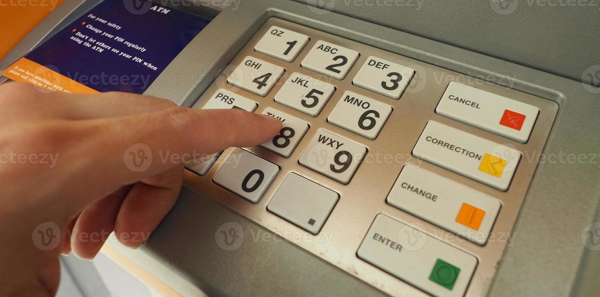 ATM machine and close-up man hand. photo
